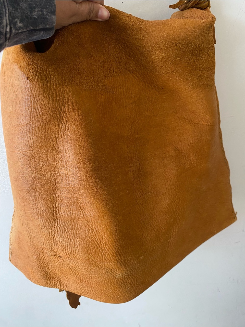 Handmade Asymmetrical Leather Shoulder Bag Tan Distressed Boho Grunge OS - Picture 14 of 16